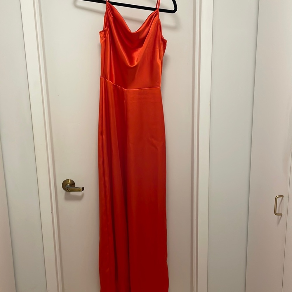 orange satin cowl neck jumpsuit
